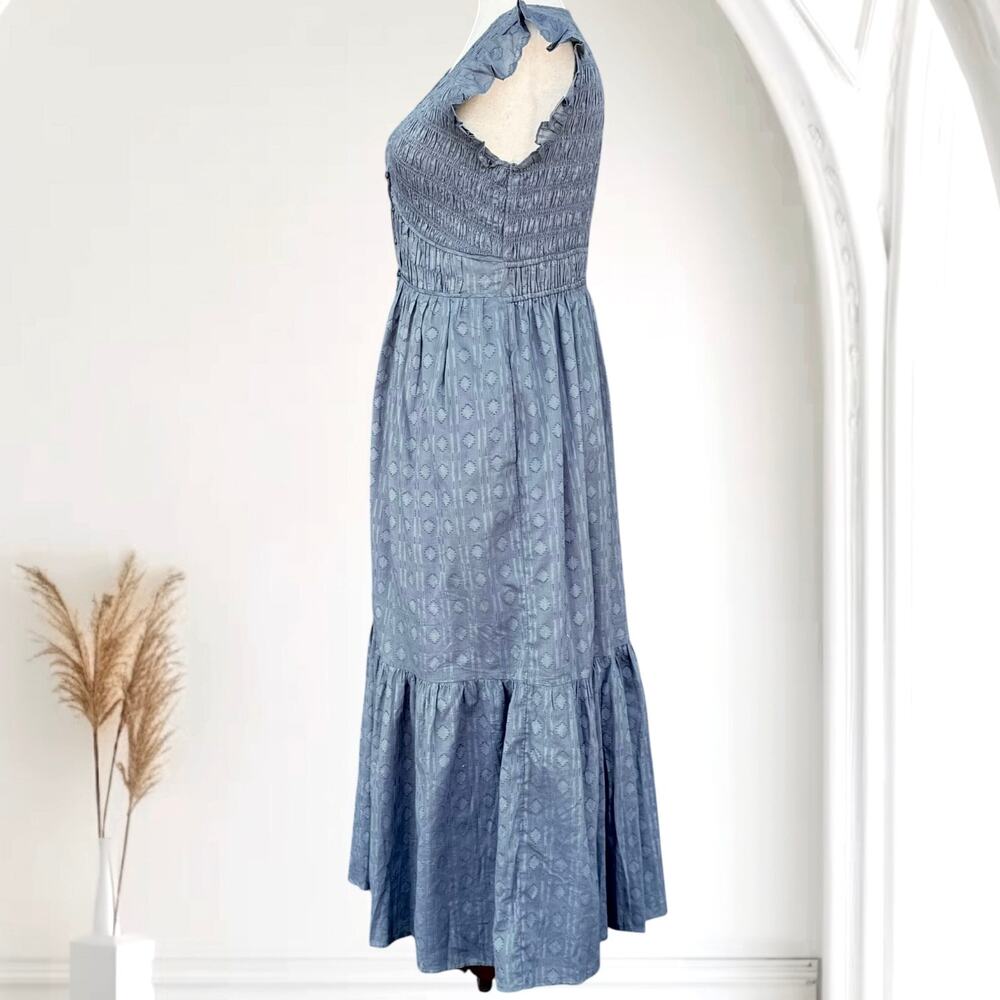 Anthropologie The Peregrine Blue Smocked Midi Dress Ruffle Sleeve Button Front L - Picture 5 of 8